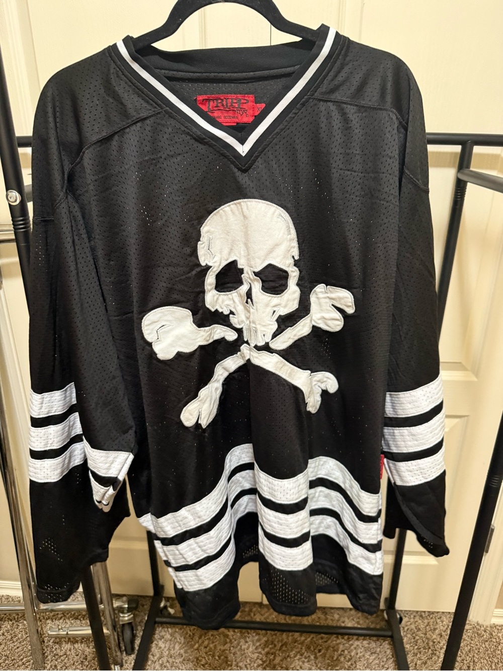 Tripp NYC Black Hockey Jersey with White Skull Patch